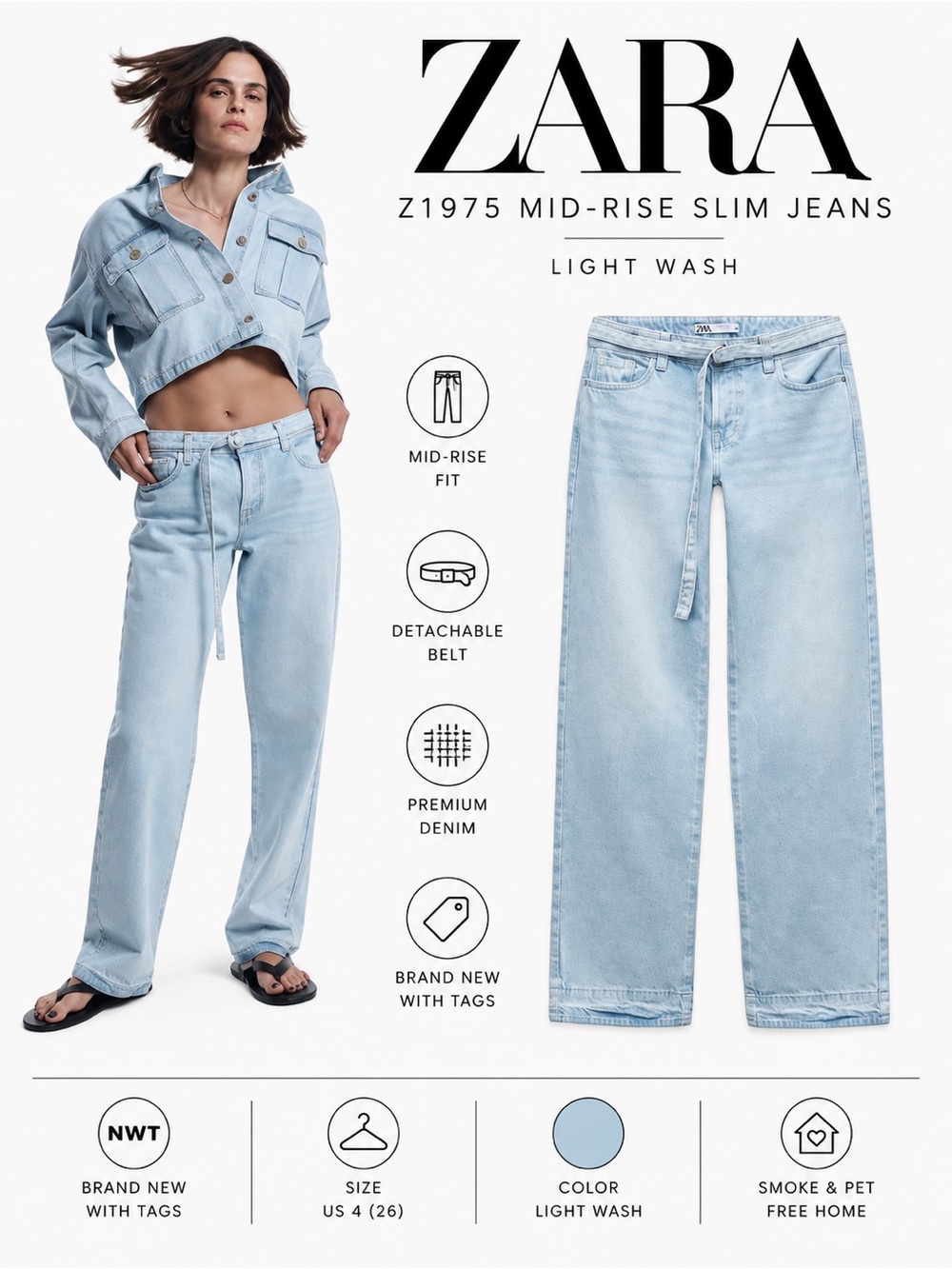 ZARA Z1975 Light Wash Mid-Rise Slim Jeans w/ Belt NWT US 4